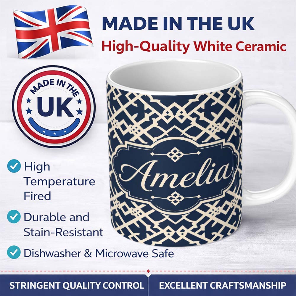 Personalized Custom Name Navy Blue Moroccan Geometric Lattice Elegant Seamless Pattern Lovely 11oz Ceramic Coffee Tea Mug White Large Handle