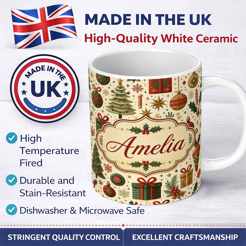 Personalized Custom Name Classic Christmas Tree Gifts Ornaments Stars Holiday Seamless Lovely 11oz Ceramic Coffee Tea Mug White Large Handle