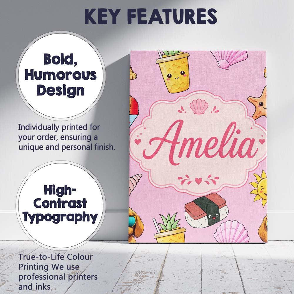 Personalised Name Cute Summer Dog Light Custom Modern Room Accent Elegant Feature Canvas Wall Art Print Decor Picture Ready to Hang