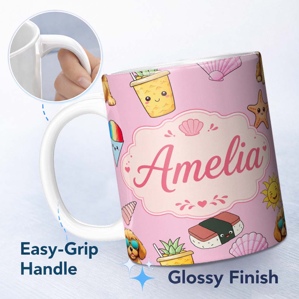 Personalized Custom Name Cute Summer Dog Light Pink Background Ice Cream Starfish Seamless 11oz Ceramic Coffee Tea Mug White Large Handle