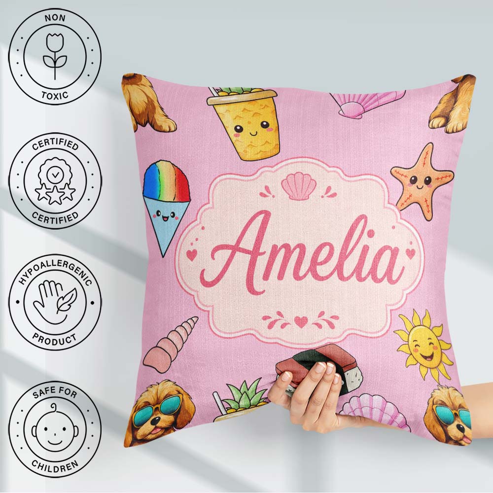 Custom Name Summer Dog Light Pink Background Ice Cream Starfish Square Filled Cushion Throw Pillow Sofa Bed Home Decor Zip Washable UK Made