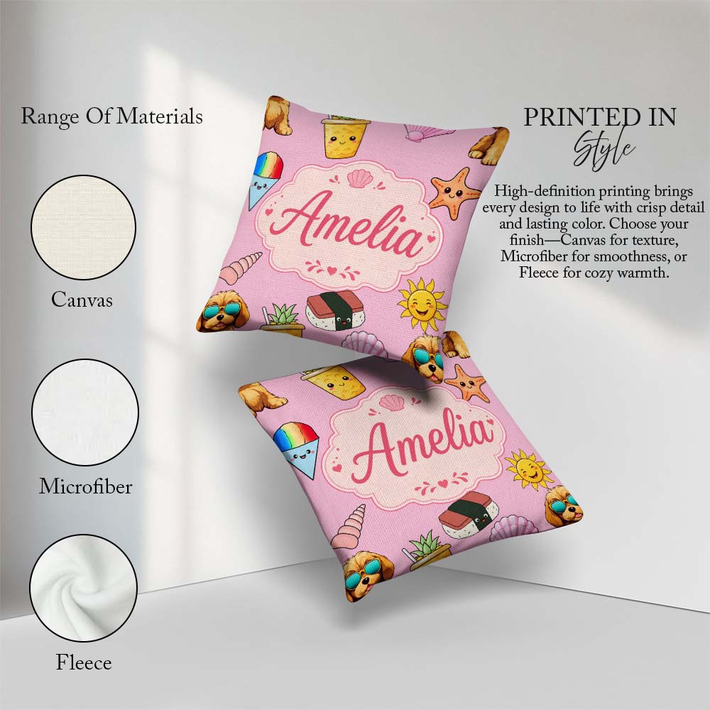 Custom Name Summer Dog Light Pink Background Ice Cream Starfish Square Filled Cushion Throw Pillow Sofa Bed Home Decor Zip Washable UK Made