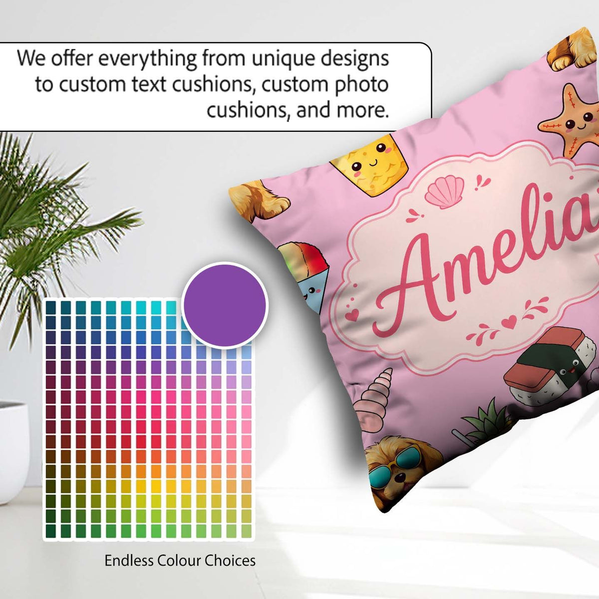 Custom Name Summer Dog Light Pink Background Ice Cream Starfish Square Filled Cushion Throw Pillow Sofa Bed Home Decor Zip Washable UK Made