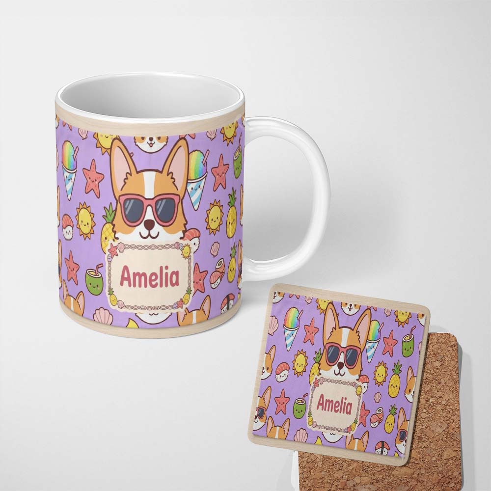 Personalized Custom Name Cute Summer Dog Purple Background Ice Cream Starfish Seamless 11oz Ceramic Coffee Tea Mug White Large Handle