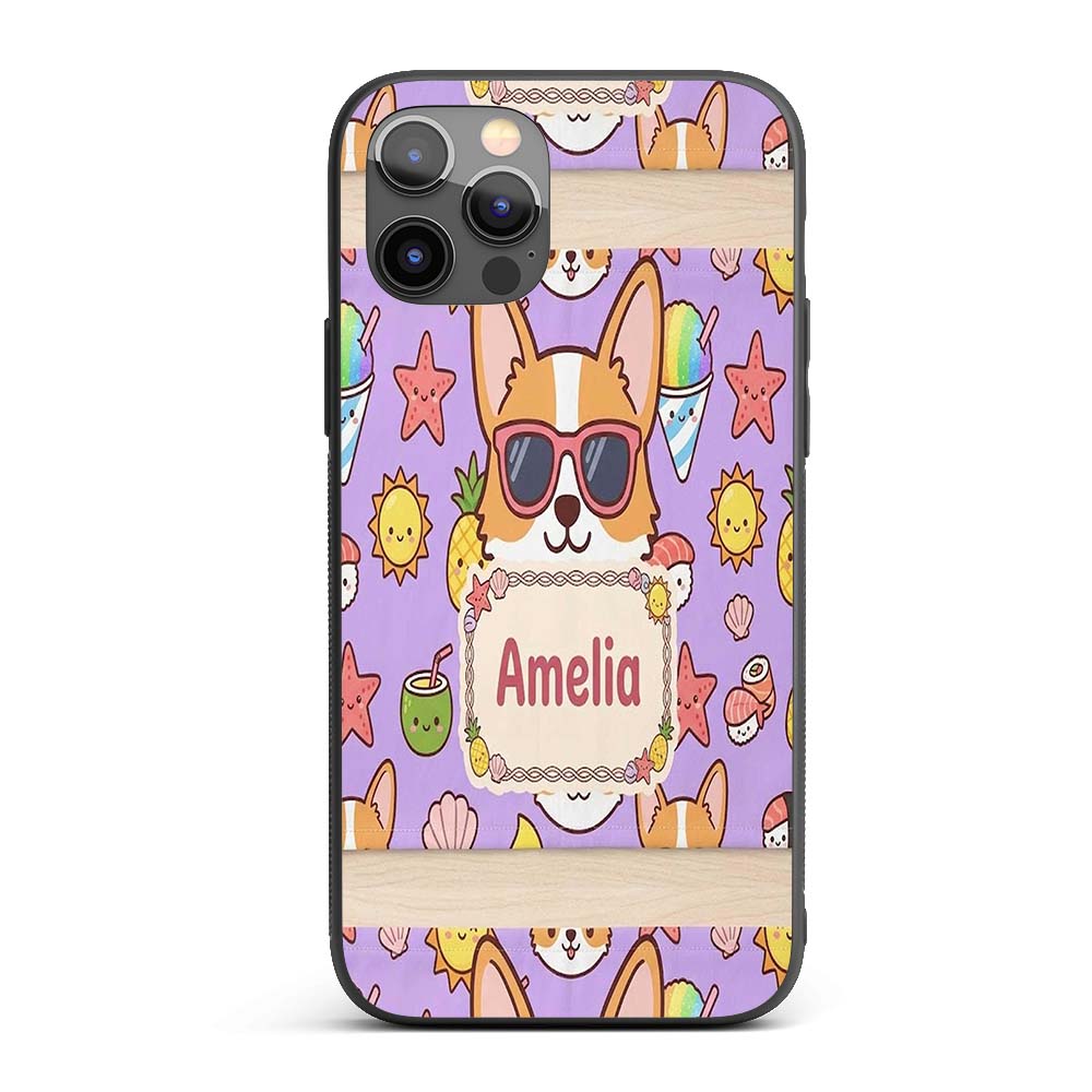 Cute Summer Dog Purple Background Printed Design Custom Name Protective Phone Case Mobile Cover Durable Everyday Smartphone Shock Resistant