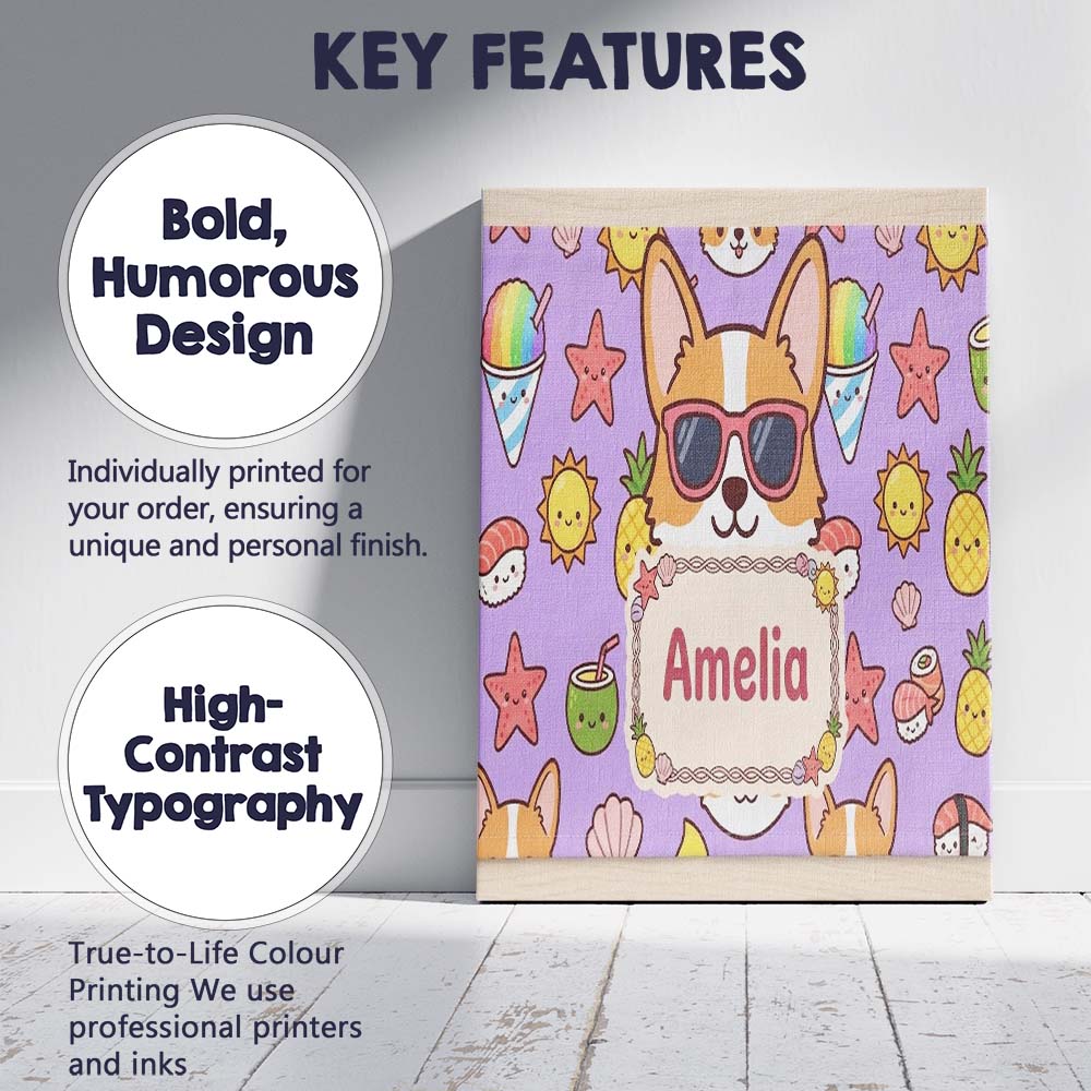 Personalised Name Cute Summer Dog Purple Custom Unique Gift Idea Elegant Feature Canvas Wall Art Print Decor Picture Ready to Hang