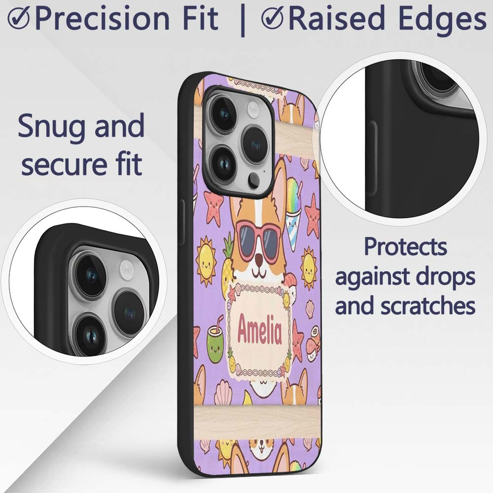 Cute Summer Dog Purple Background Printed Design Custom Name Protective Phone Case Mobile Cover Durable Everyday Smartphone Shock Resistant