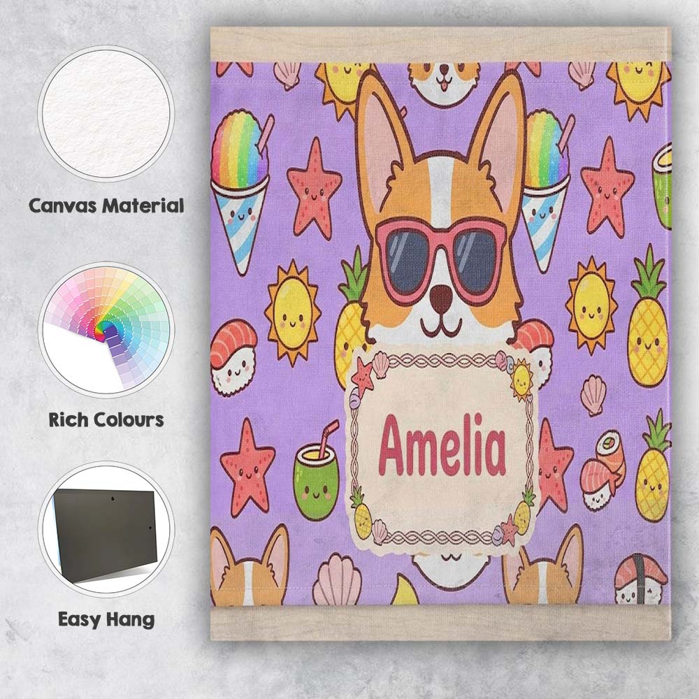 Personalised Name Cute Summer Dog Purple Custom Unique Gift Idea Elegant Feature Canvas Wall Art Print Decor Picture Ready to Hang