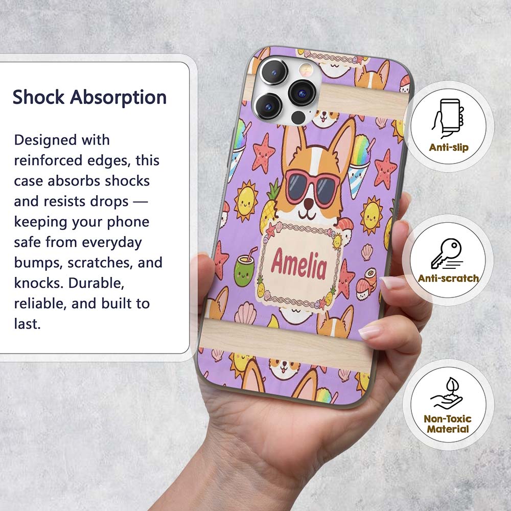 Cute Summer Dog Purple Background Printed Design Custom Name Protective Phone Case Mobile Cover Durable Everyday Smartphone Shock Resistant