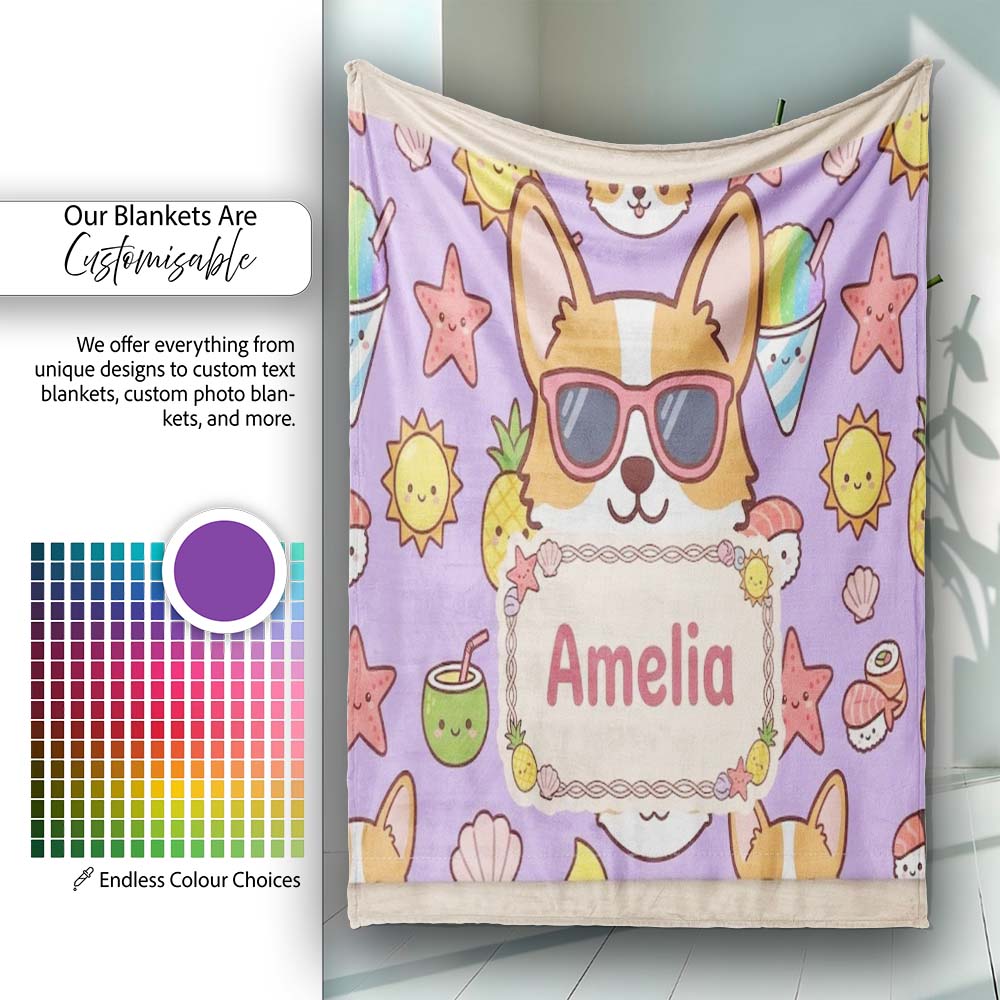 Cute Summer Dog Purple Background Ice Cream Starfish Seamless Personalised Custom Name Super Soft Fleece Blanket Bed Sofa Throw