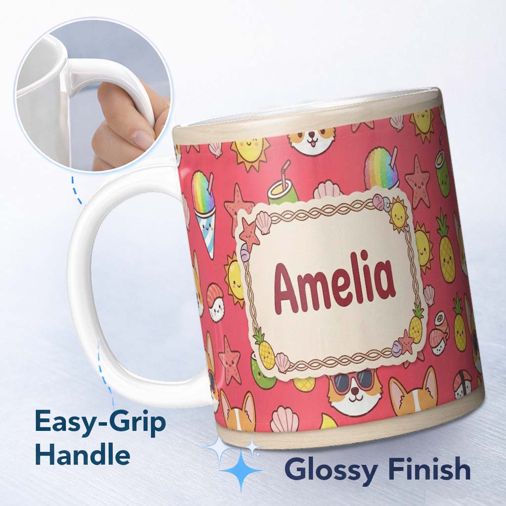 Personalized Custom Name Cute Summer Dog Red Background Ice Cream Starfish Seamless Pattern 11oz Ceramic Coffee Tea Mug White Large Handle