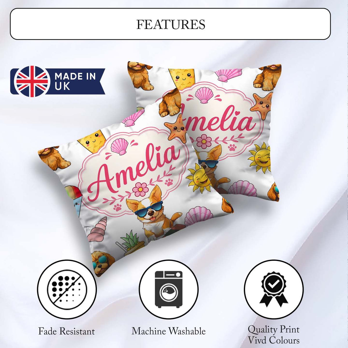 Custom Name Summer Dog Grey Ice Cream Starfish Seamless Pattern Square Filled Cushion Throw Pillow Sofa Bed Home Decor Zip Washable UK Made