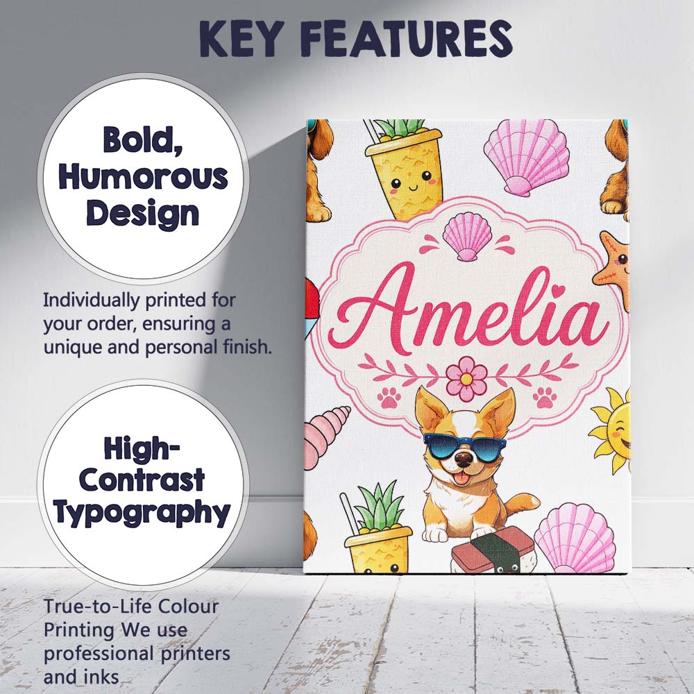 Personalised Name Cute Summer Dog Grey Custom Modern Room Accent Elegant Feature Canvas Wall Art Print Decor Picture Ready to Hang