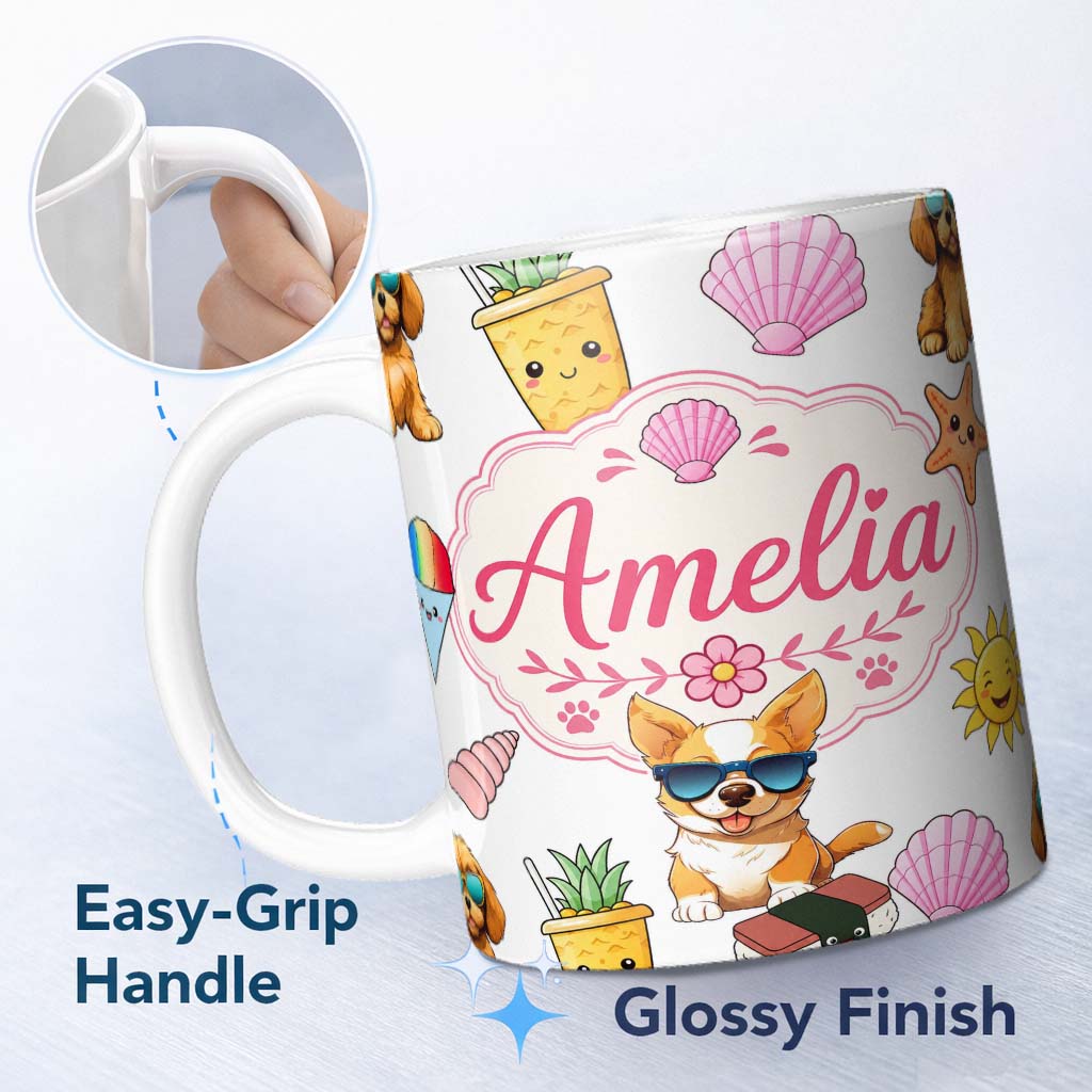 Personalized Custom Name Cute Summer Dog Grey Background Ice Cream Starfish Seamless Pattern 11oz Ceramic Coffee Tea Mug White Large Handle