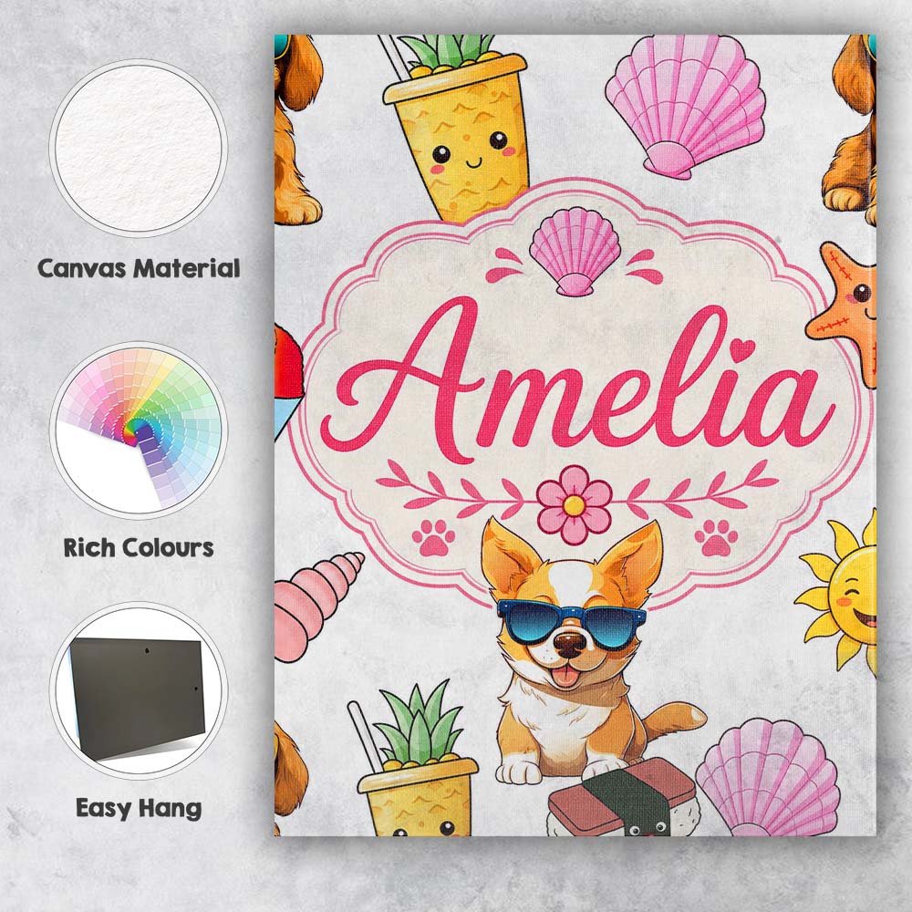 Personalised Name Cute Summer Dog Grey Custom Modern Room Accent Elegant Feature Canvas Wall Art Print Decor Picture Ready to Hang