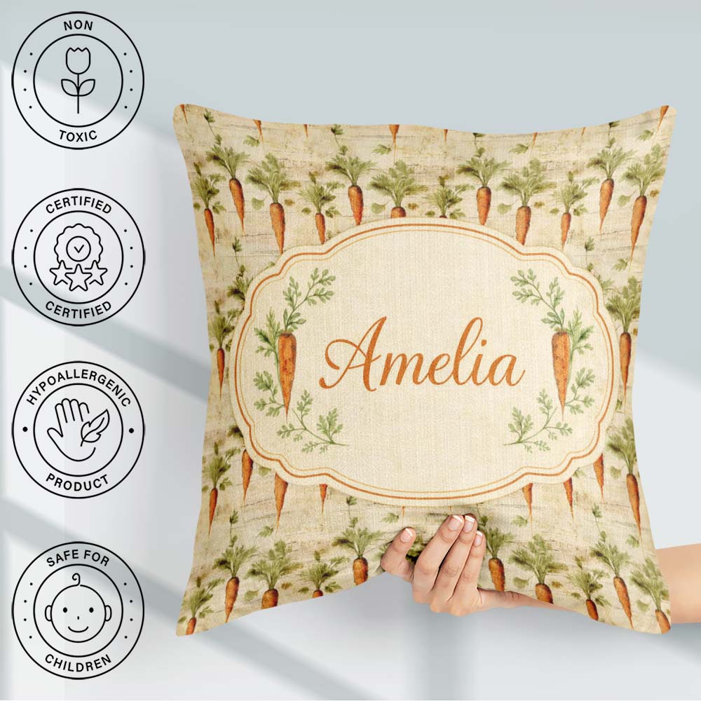 Custom Name Farmhouse Style Hand Drawn Carrot Distressed Texture Square Filled Cushion Throw Pillow Sofa Bed Home Decor Zip Washable UK Made