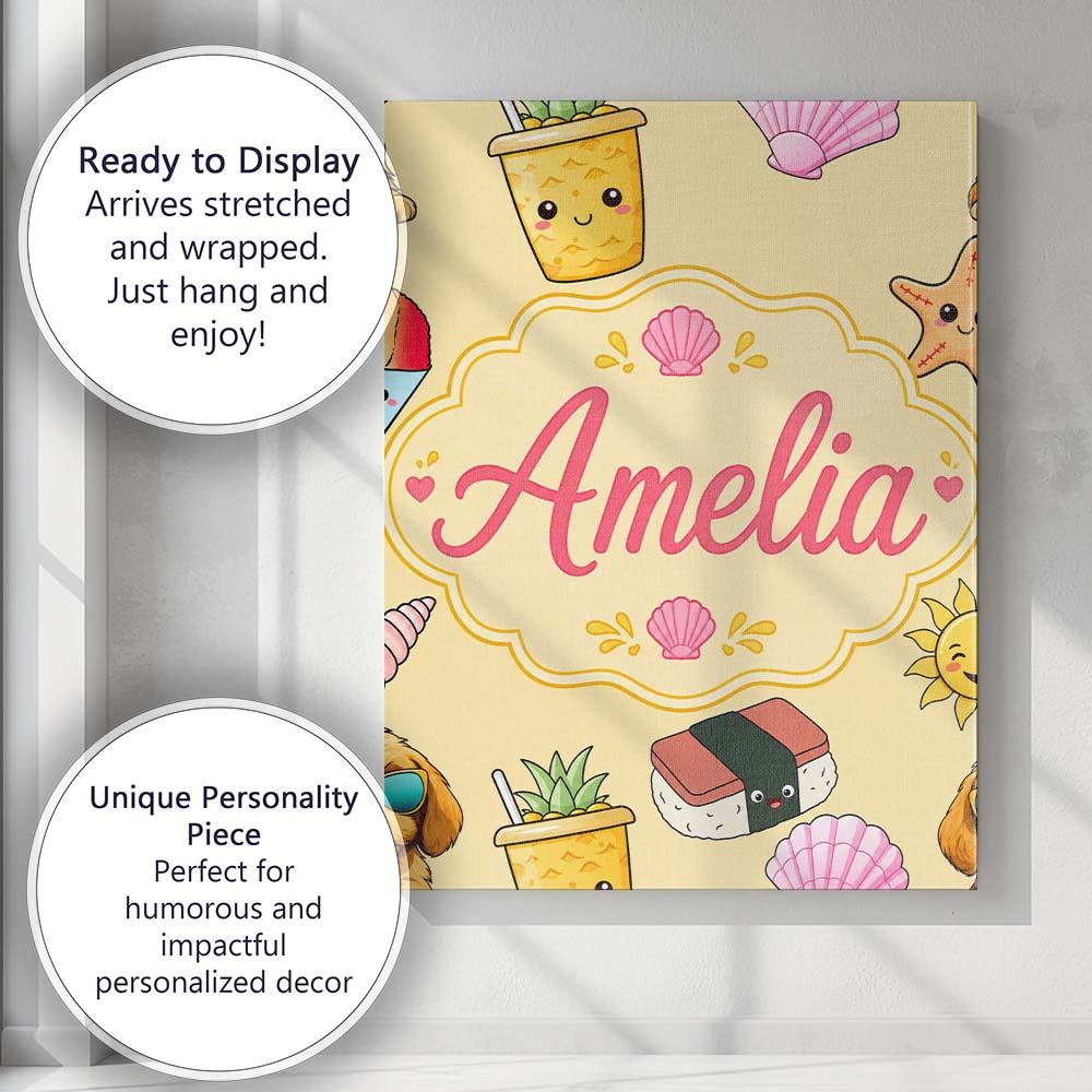 Personalised Name Cute Summer Dog Yellow Custom Unique Gift Idea Elegant Feature Canvas Wall Art Print Decor Picture Ready to Hang