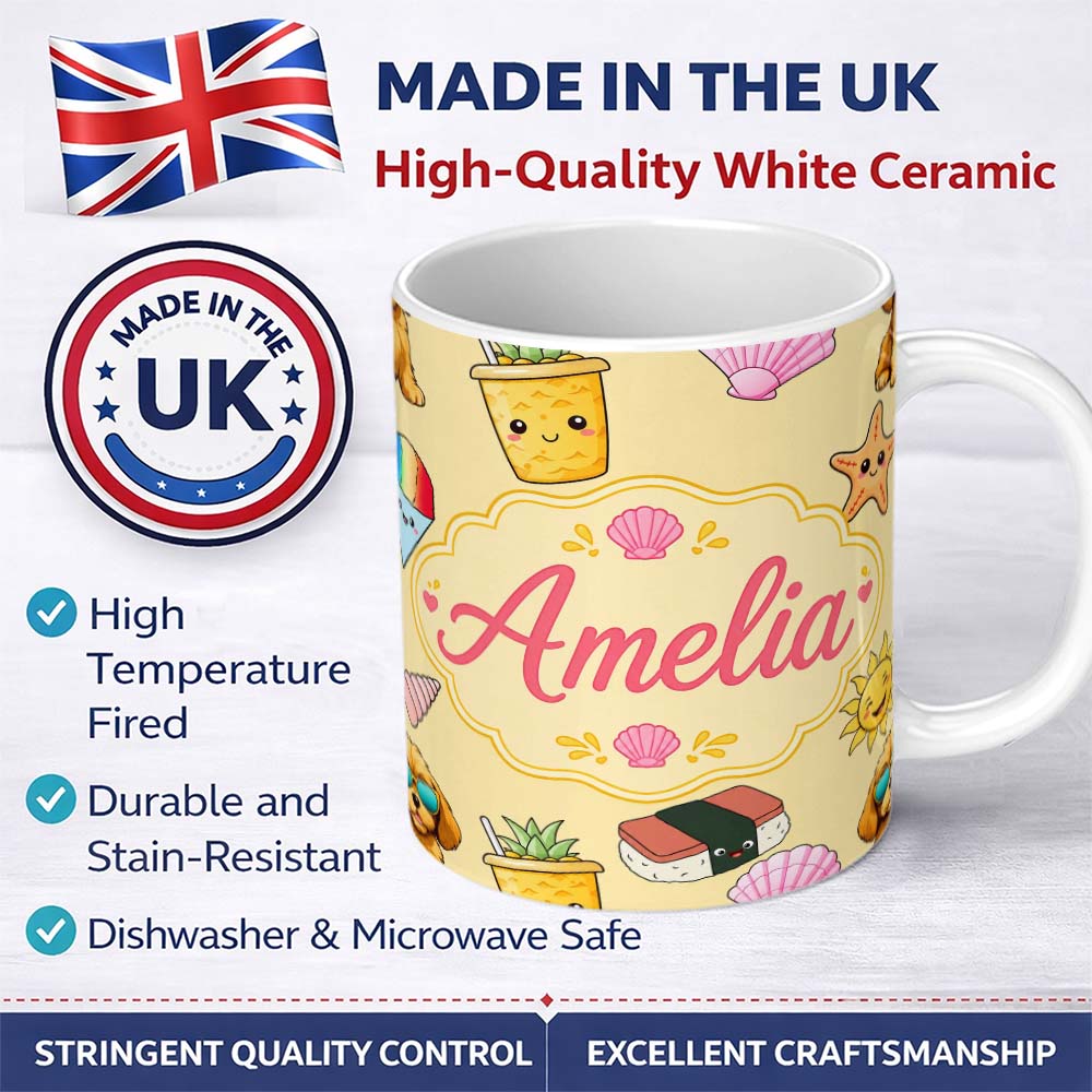 Personalized Custom Name Cute Summer Dog Yellow Background Ice Cream Starfish Seamless 11oz Ceramic Coffee Tea Mug White Large Handle