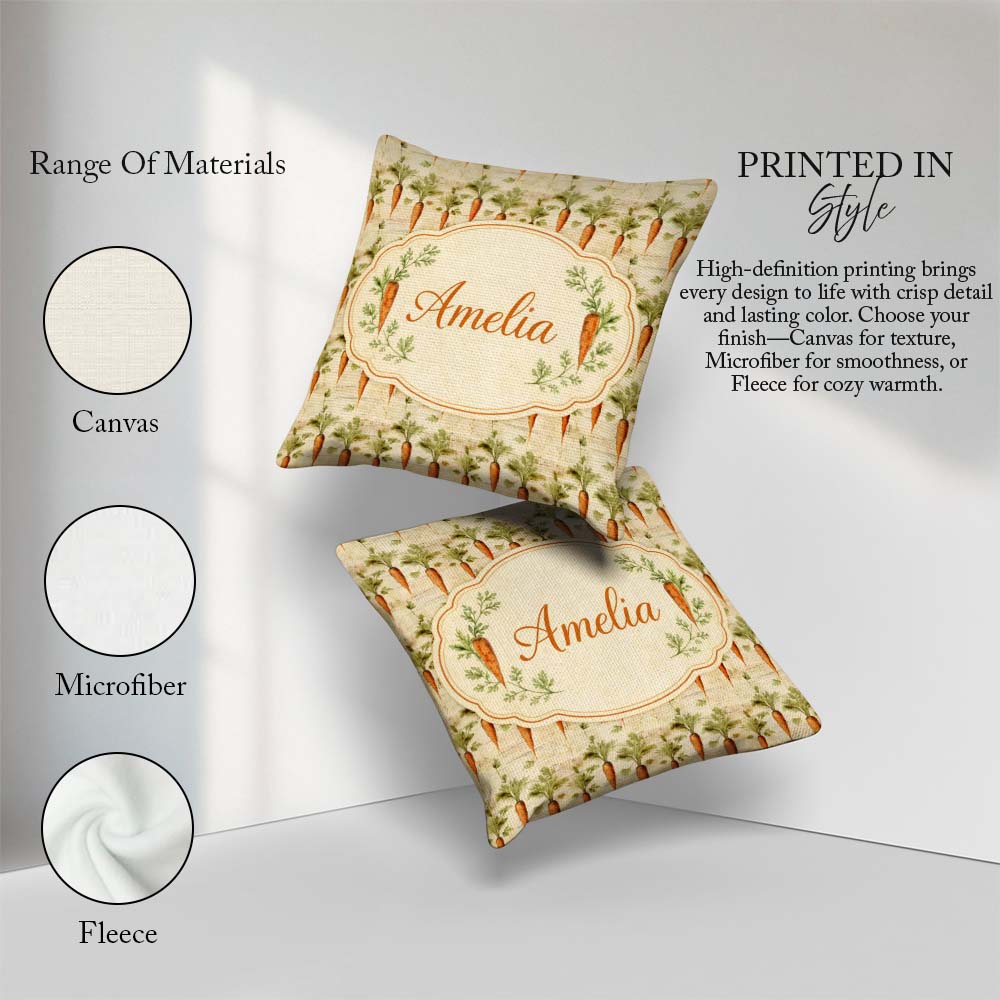 Custom Name Farmhouse Style Hand Drawn Carrot Distressed Texture Square Filled Cushion Throw Pillow Sofa Bed Home Decor Zip Washable UK Made