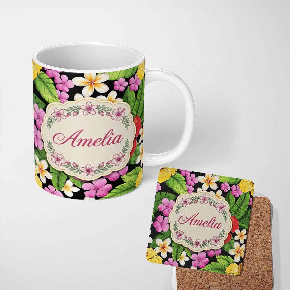 Personalized Custom Name Tropical Hibiscus Flowers Plumeria Leaves Seamless Pattern Name Cute 11oz Ceramic Coffee Tea Mug White Large Handle