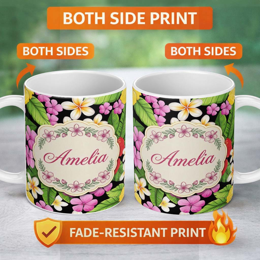Personalized Custom Name Tropical Hibiscus Flowers Plumeria Leaves Seamless Pattern Name Cute 11oz Ceramic Coffee Tea Mug White Large Handle