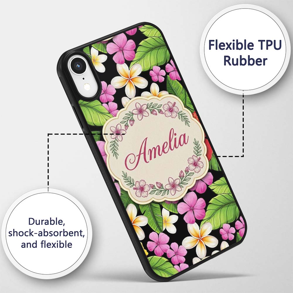 Tropical Hibiscus Flowers Plumeria Printed Design Custom Name Protective Phone Case Mobile Cover Durable Everyday Smartphone Shock Resistant