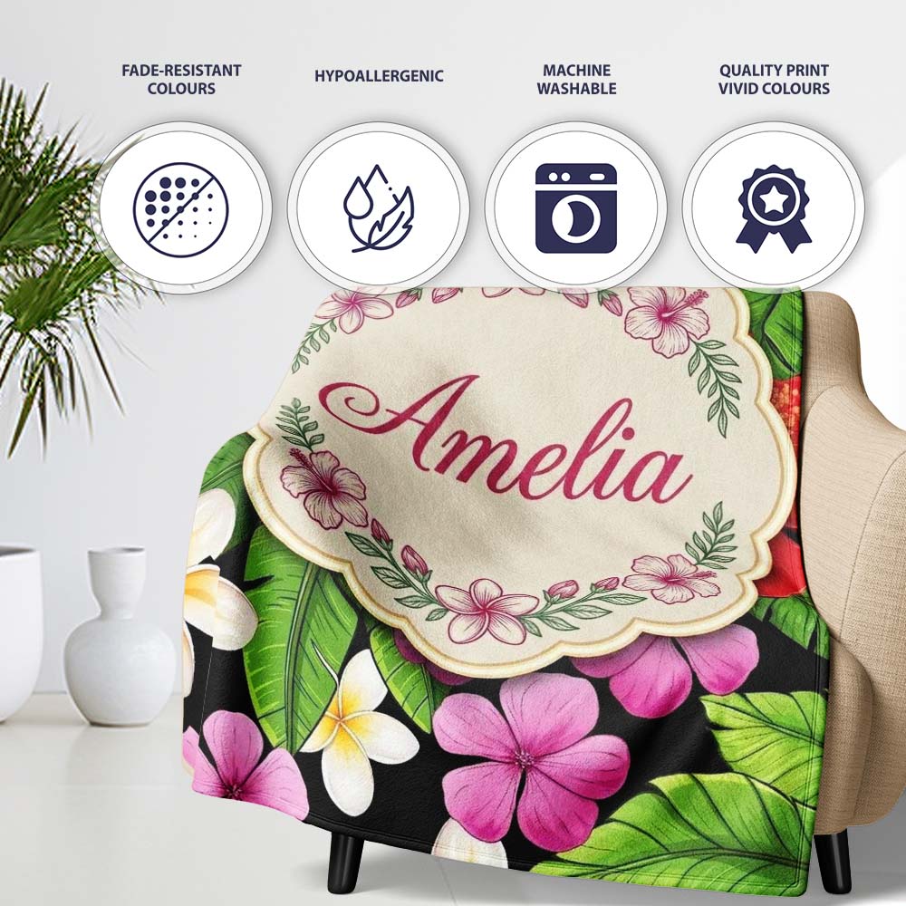 Tropical Hibiscus Flowers Plumeria Leaves Seamless Pattern Name Cute Personalised Custom Name Super Soft Fleece Blanket Bed Sofa Throw