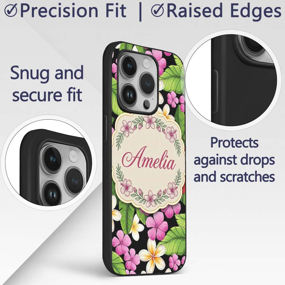 Tropical Hibiscus Flowers Plumeria Printed Design Custom Name Protective Phone Case Mobile Cover Durable Everyday Smartphone Shock Resistant