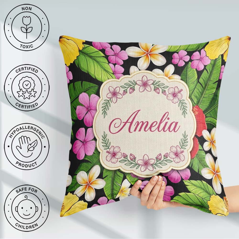 Custom Name Tropical Hibiscus Plumeria Leaves Seamless Name Cute Square Filled Cushion Throw Pillow Sofa Bed Home Decor Zip Washable UK Made