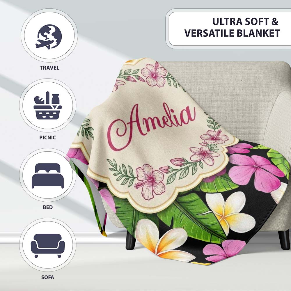 Tropical Hibiscus Flowers Plumeria Leaves Seamless Pattern Name Cute Personalised Custom Name Super Soft Fleece Blanket Bed Sofa Throw