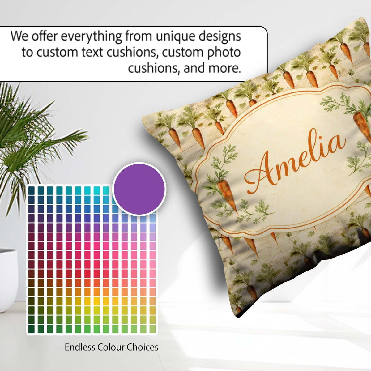 Custom Name Farmhouse Style Hand Drawn Carrot Distressed Texture Square Filled Cushion Throw Pillow Sofa Bed Home Decor Zip Washable UK Made