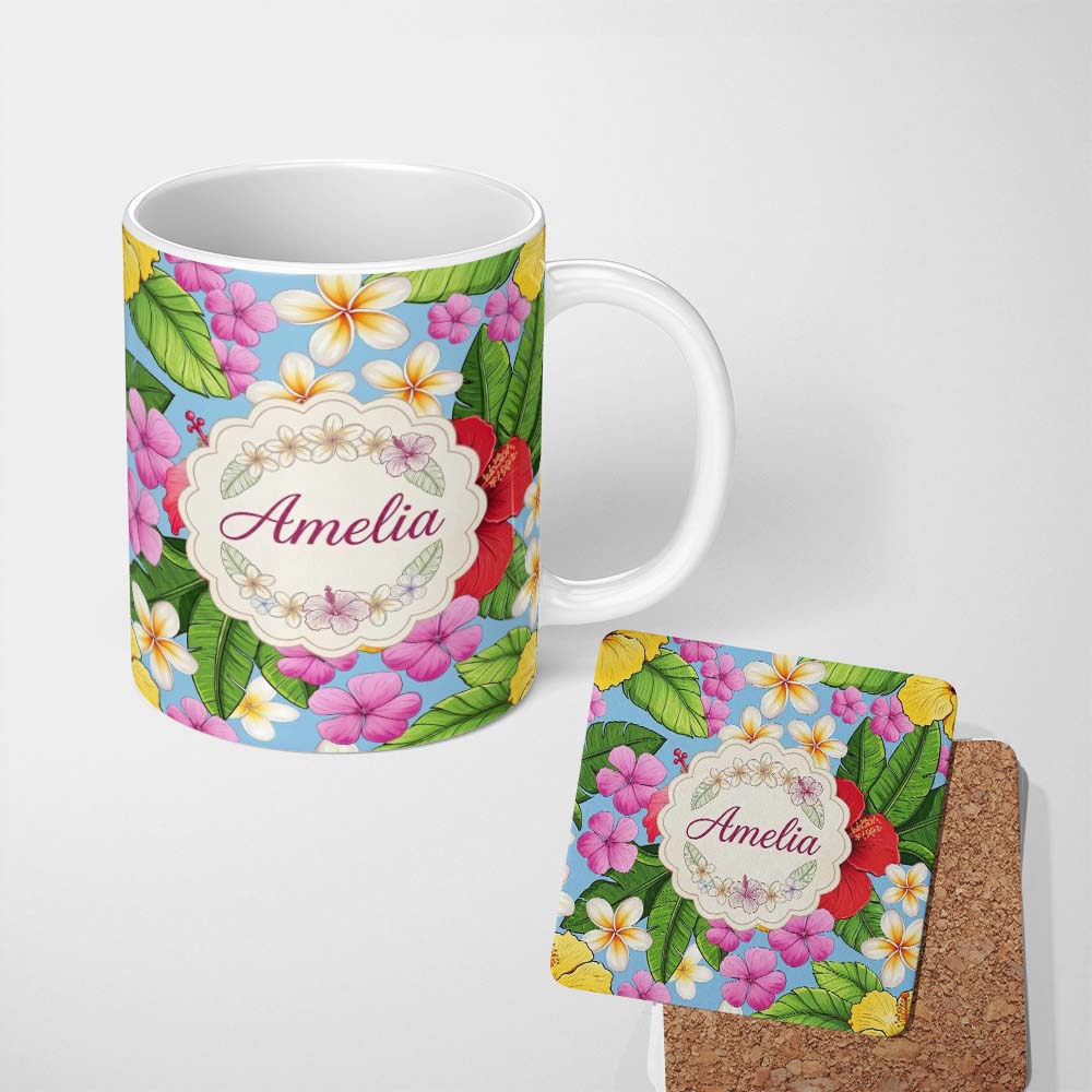 Personalized Custom Name Tropical Hibiscus Flowers Blue Background Plumeria Leaves Seamless 11oz Ceramic Coffee Tea Mug White Large Handle