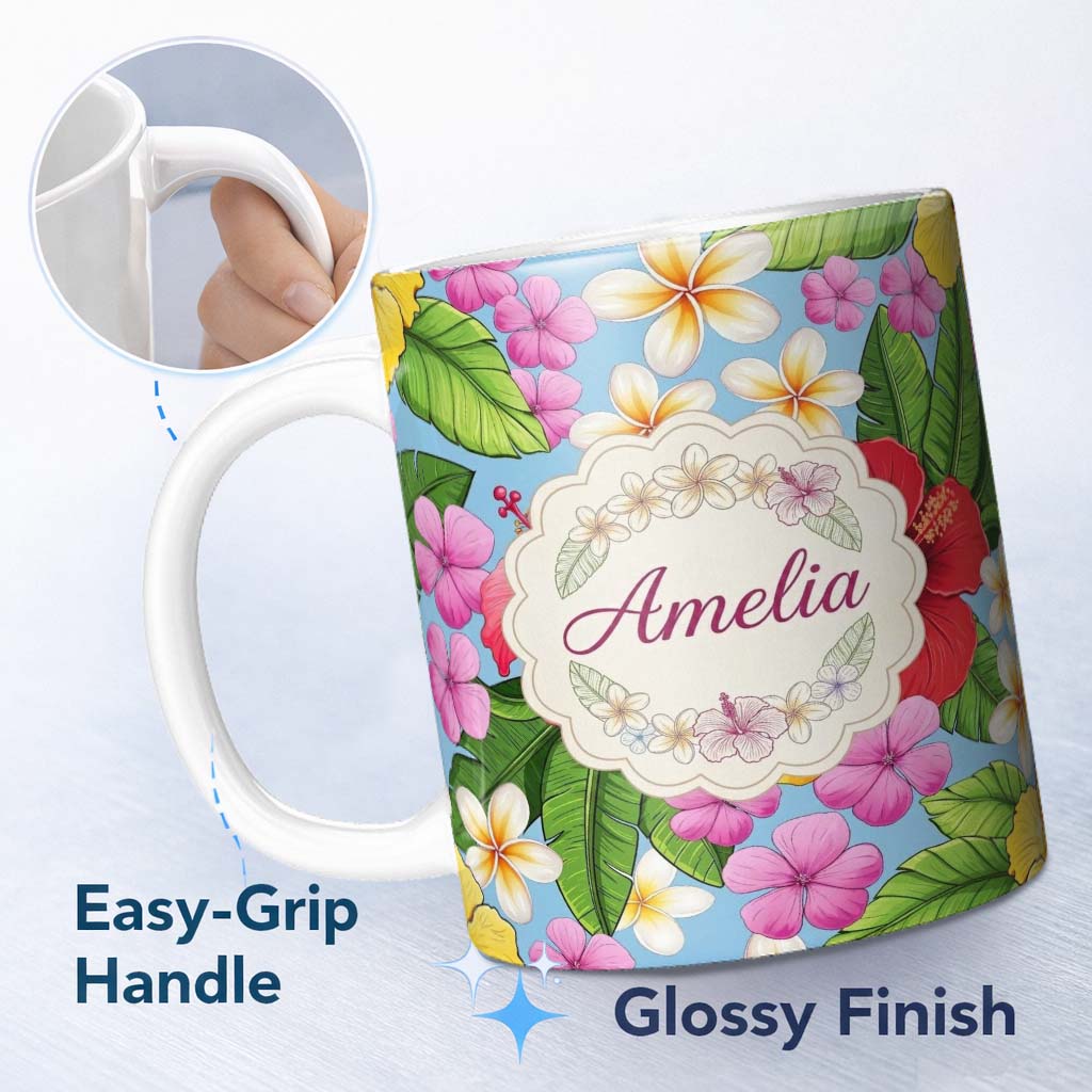 Personalized Custom Name Tropical Hibiscus Flowers Blue Background Plumeria Leaves Seamless 11oz Ceramic Coffee Tea Mug White Large Handle