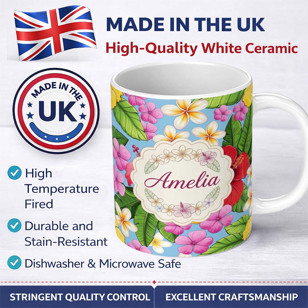 Personalized Custom Name Tropical Hibiscus Flowers Blue Background Plumeria Leaves Seamless 11oz Ceramic Coffee Tea Mug White Large Handle