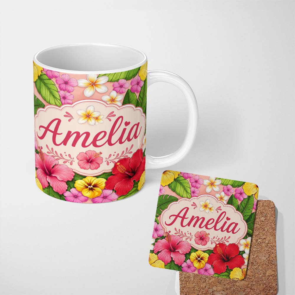 Personalized Custom Name Tropical Hibiscus Flowers Beige Background Plumeria Leaves Seamless 11oz Ceramic Coffee Tea Mug White Large Handle