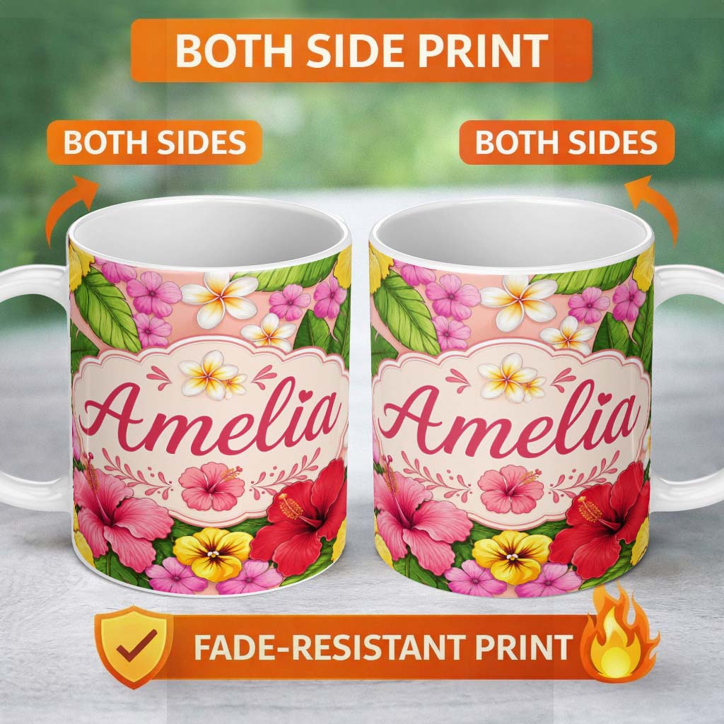 Personalized Custom Name Tropical Hibiscus Flowers Beige Background Plumeria Leaves Seamless 11oz Ceramic Coffee Tea Mug White Large Handle