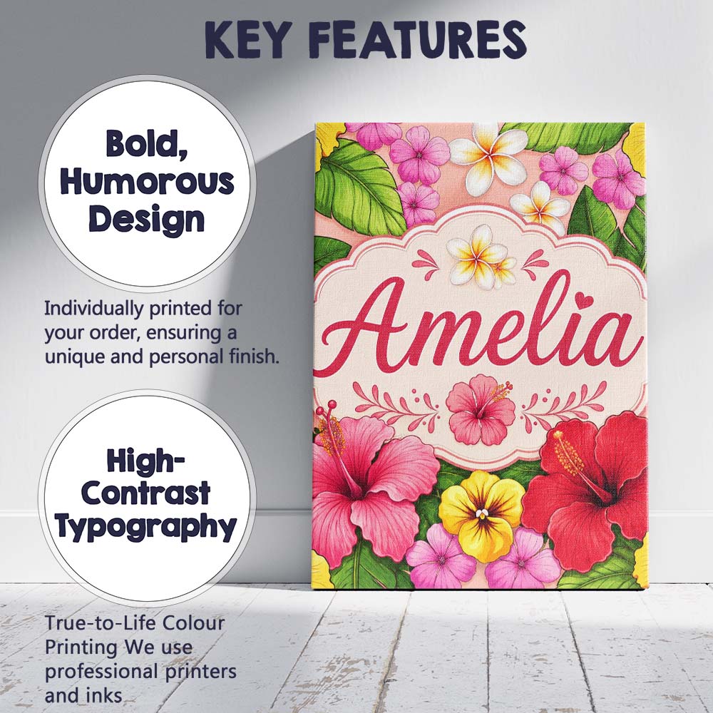 Personalised Name Tropical Hibiscus Flowers Custom Bespoke Interior Contemporary Canvas Wall Art Print Decor Picture Ready to Hang
