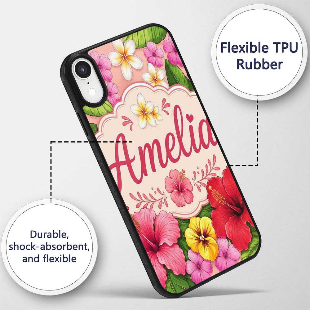 Tropical Hibiscus Flowers Beige Printed Design Custom Name Protective Phone Case Mobile Cover Durable Everyday Smartphone Shock Resistant