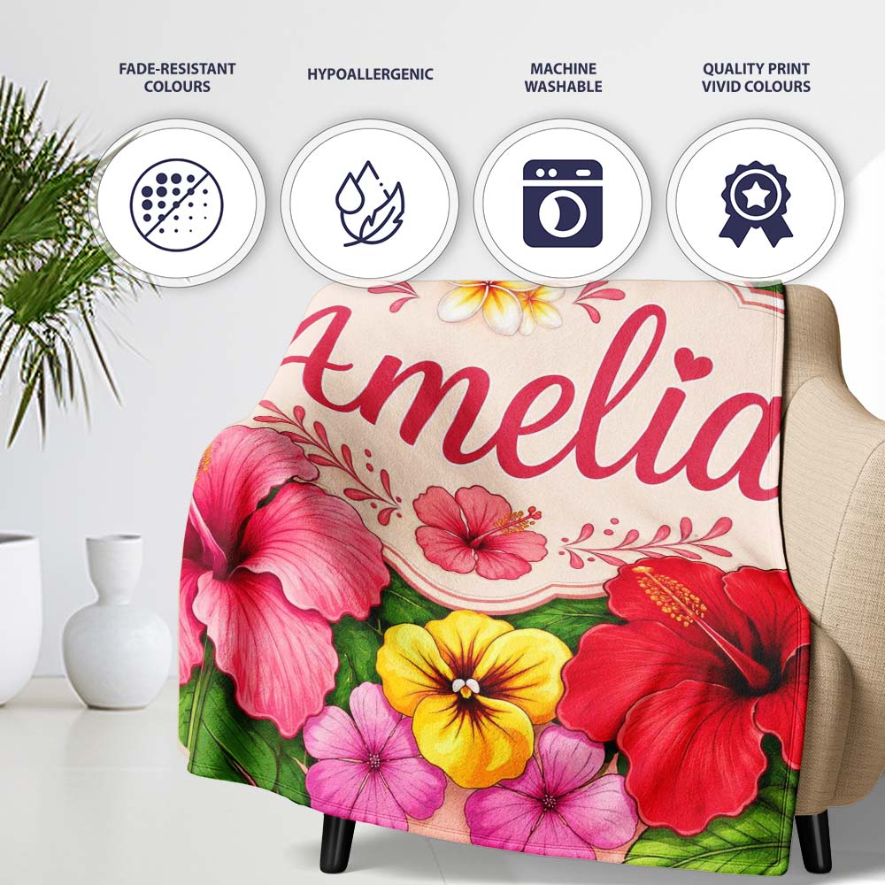 Tropical Hibiscus Flowers Beige Background Plumeria Leaves Seamless Personalised Custom Name Super Soft Fleece Blanket Bed Sofa Throw