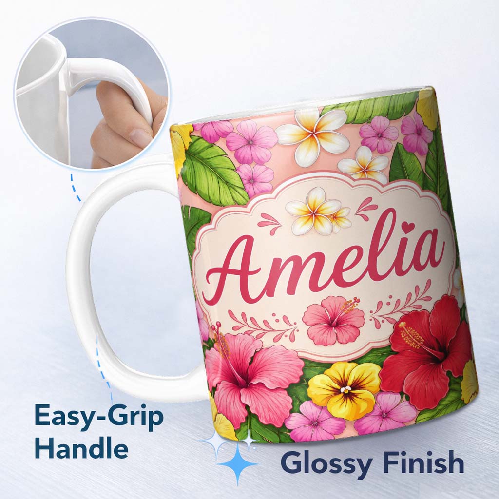 Personalized Custom Name Tropical Hibiscus Flowers Beige Background Plumeria Leaves Seamless 11oz Ceramic Coffee Tea Mug White Large Handle