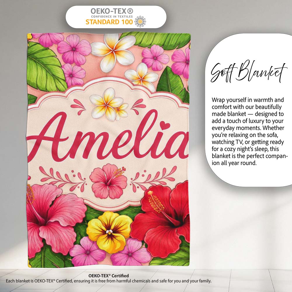 Tropical Hibiscus Flowers Beige Background Plumeria Leaves Seamless Personalised Custom Name Super Soft Fleece Blanket Bed Sofa Throw