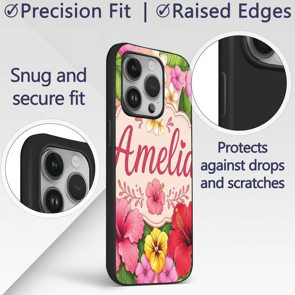 Tropical Hibiscus Flowers Beige Printed Design Custom Name Protective Phone Case Mobile Cover Durable Everyday Smartphone Shock Resistant