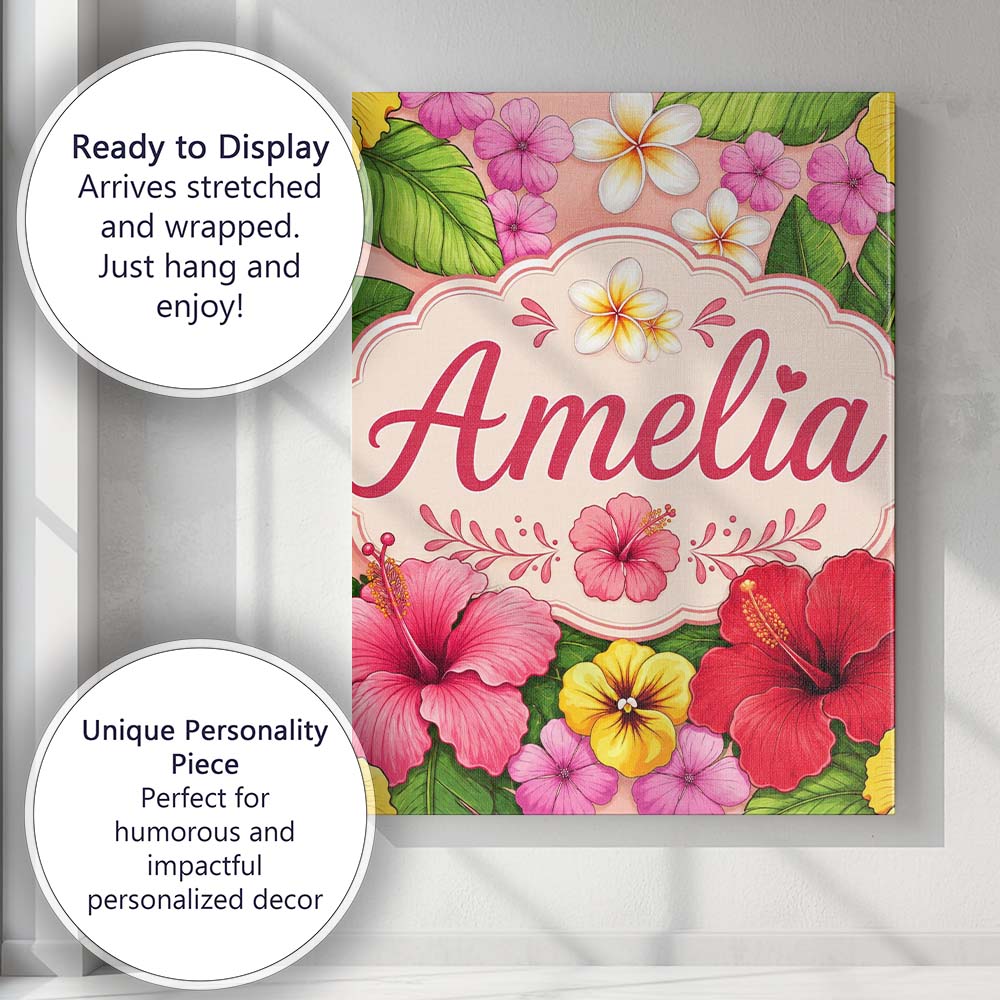 Personalised Name Tropical Hibiscus Flowers Custom Bespoke Interior Contemporary Canvas Wall Art Print Decor Picture Ready to Hang