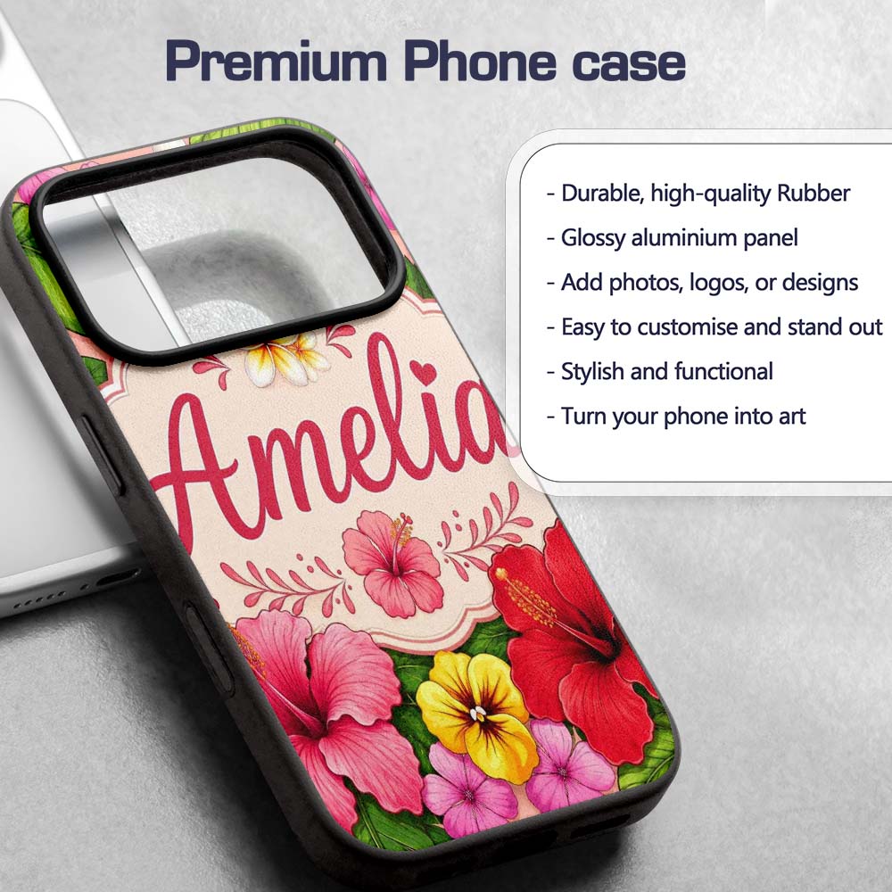 Tropical Hibiscus Flowers Beige Printed Design Custom Name Protective Phone Case Mobile Cover Durable Everyday Smartphone Shock Resistant