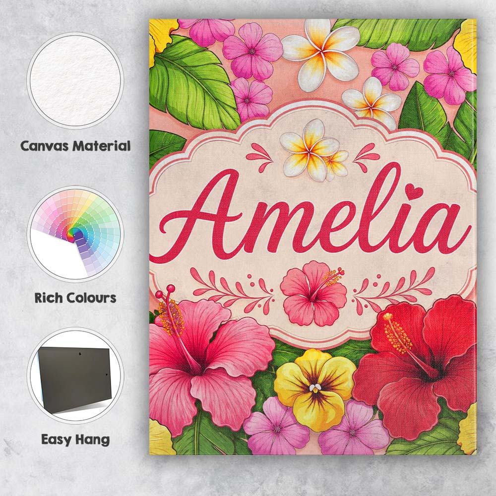Personalised Name Tropical Hibiscus Flowers Custom Bespoke Interior Contemporary Canvas Wall Art Print Decor Picture Ready to Hang