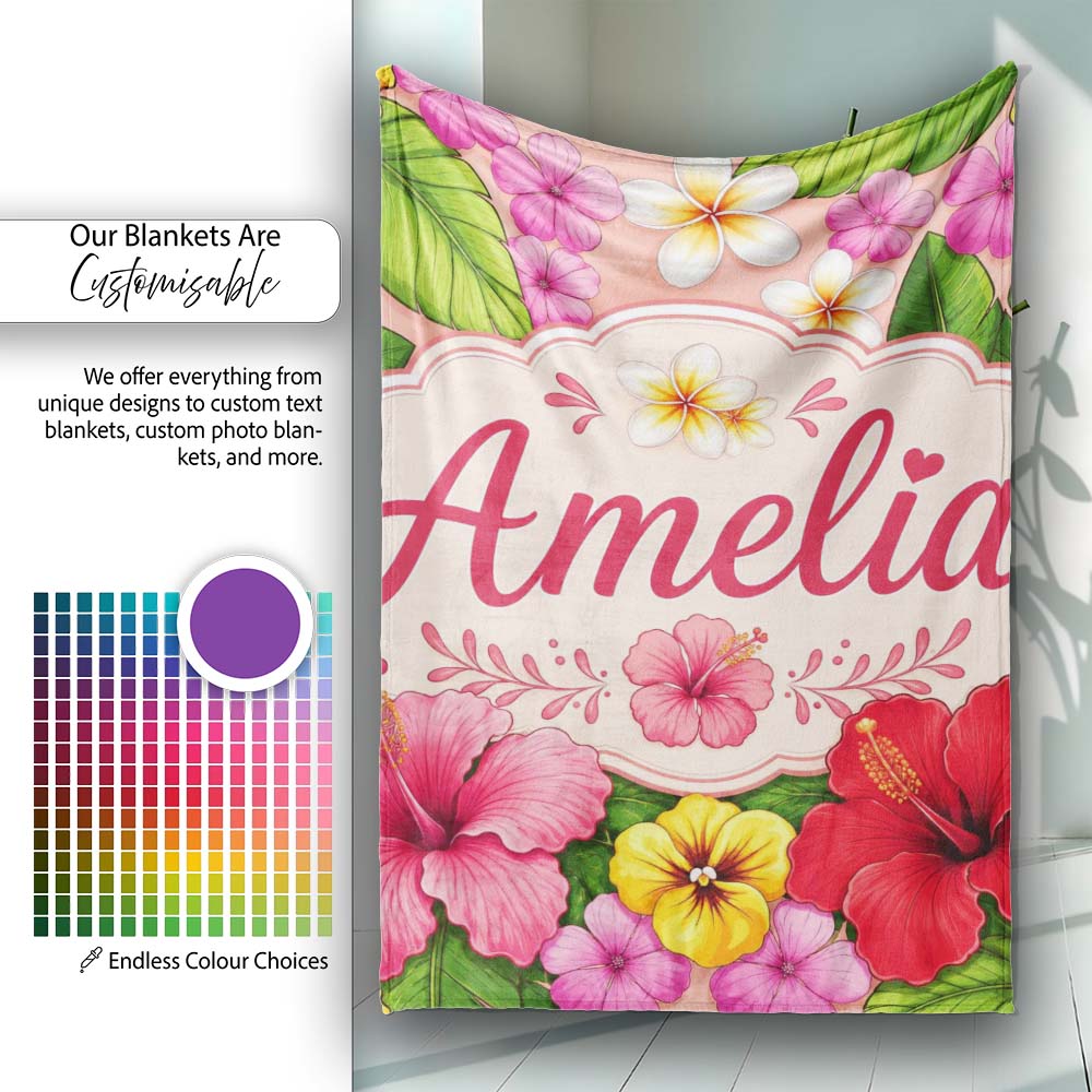 Tropical Hibiscus Flowers Beige Background Plumeria Leaves Seamless Personalised Custom Name Super Soft Fleece Blanket Bed Sofa Throw