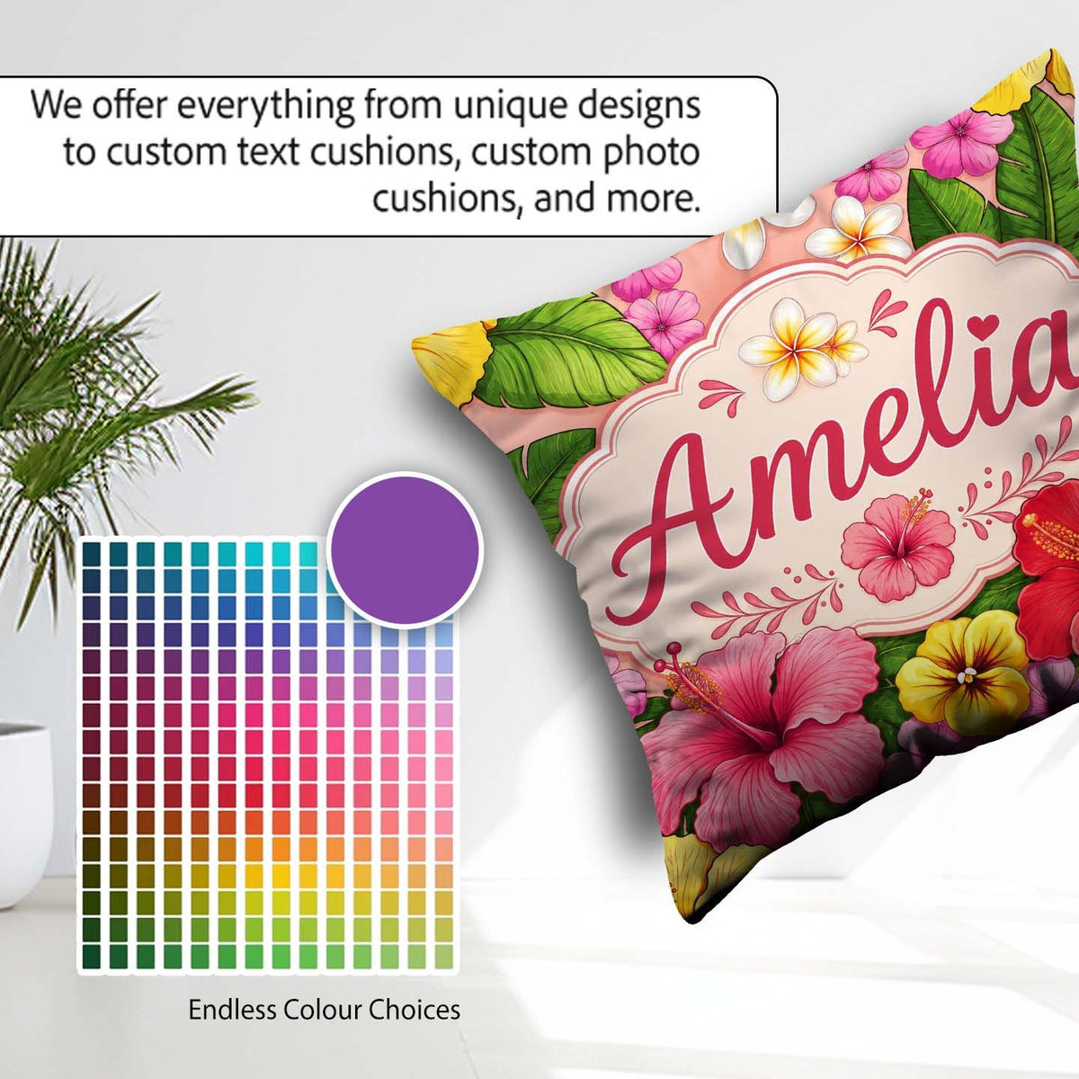 Custom Name Tropical Hibiscus Flowers Background Plumeria Leaves Square Filled Cushion Throw Pillow Sofa Bed Home Decor Zip Washable UK Made