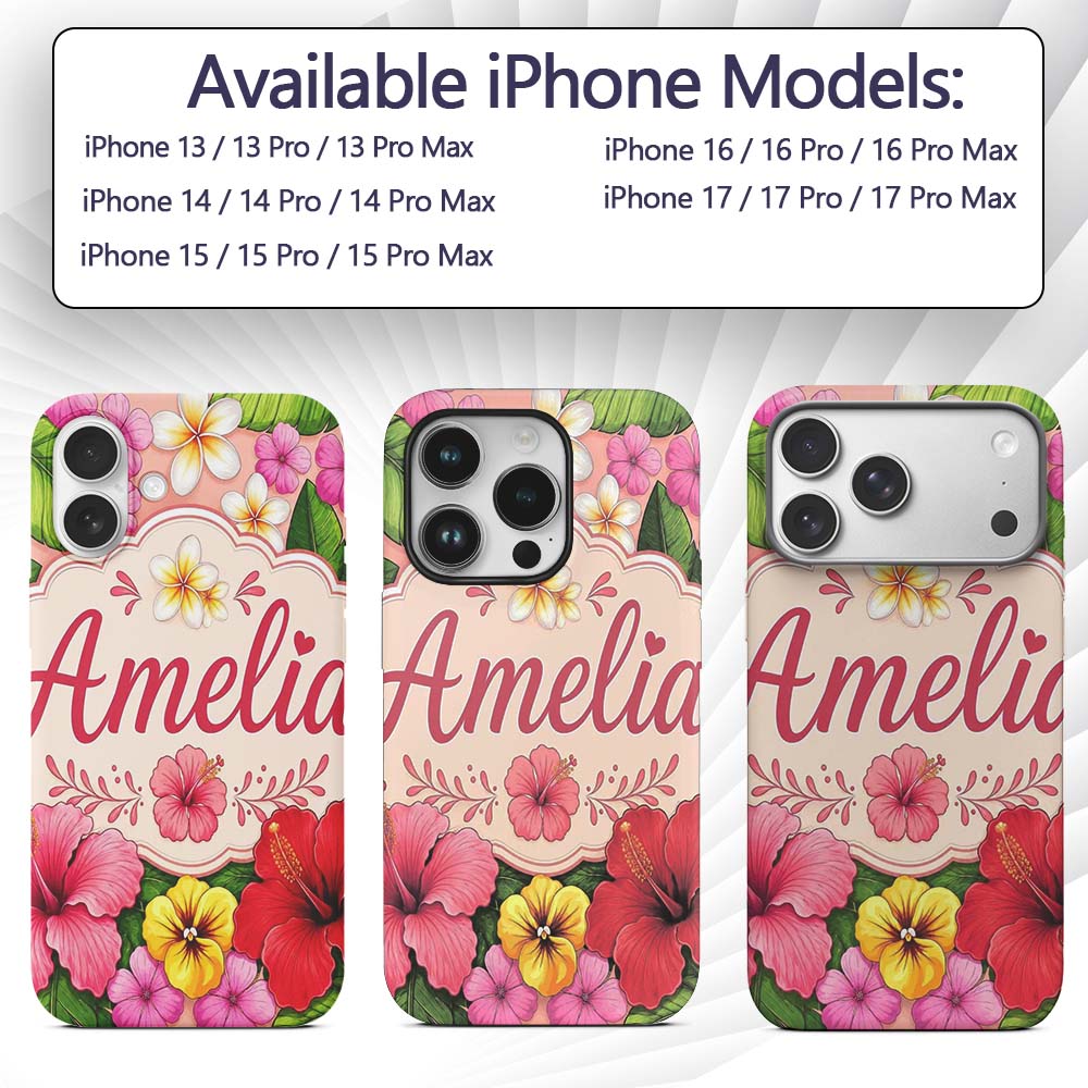 Tropical Hibiscus Flowers Beige Printed Design Custom Name Protective Phone Case Mobile Cover Durable Everyday Smartphone Shock Resistant