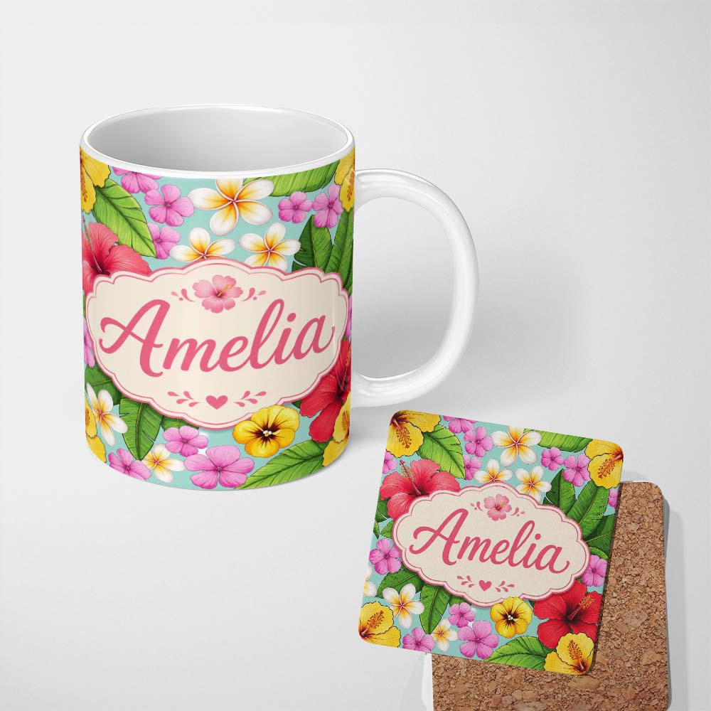 Personalized Custom Name Tropical Hibiscus Flowers Mint Background Plumeria Leaves Seamless 11oz Ceramic Coffee Tea Mug White Large Handle