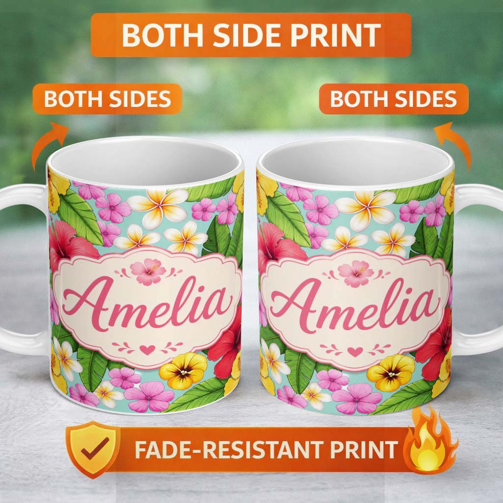 Personalized Custom Name Tropical Hibiscus Flowers Mint Background Plumeria Leaves Seamless 11oz Ceramic Coffee Tea Mug White Large Handle